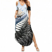 Personalised New Zealand Pakeha Summer Maxi Dress Kiwi Silver Fern and Sailing Ship Compass