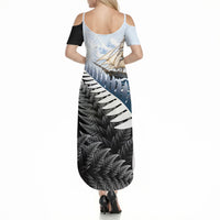 Personalised New Zealand Pakeha Summer Maxi Dress Kiwi Silver Fern and Sailing Ship Compass