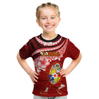 Tonga Rugby Kid T Shirt Ikale Tahi Tongan Ngatu Pattern With Dabbing Ball LT14 Red - Polynesian Pride