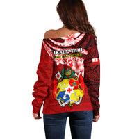Tonga Rugby Off Shoulder Sweater Ikale Tahi Tongan Ngatu Pattern With Dabbing Ball LT14 - Polynesian Pride