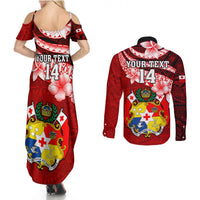 Custom Tonga Rugby Couples Matching Summer Maxi Dress and Long Sleeve Button Shirts Ikale Tahi Tongan Ngatu Pattern With Dabbing Ball LT14 - Polynesian Pride