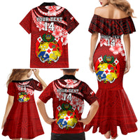 Custom Tonga Rugby Family Matching Mermaid Dress and Hawaiian Shirt Ikale Tahi Tongan Ngatu Pattern With Dabbing Ball LT14 - Polynesian Pride