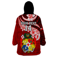 Custom Tonga Rugby Wearable Blanket Hoodie Ikale Tahi Tongan Ngatu Pattern With Dabbing Ball LT14 - Polynesian Pride