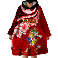 Custom Tonga Rugby Wearable Blanket Hoodie Ikale Tahi Tongan Ngatu Pattern With Dabbing Ball LT14 - Polynesian Pride