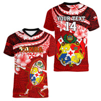 Custom Tonga Rugby Women V Neck T Shirt Ikale Tahi Tongan Ngatu Pattern With Dabbing Ball LT14 - Polynesian Pride