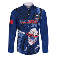 Samoa Rugby Family Matching Off Shoulder Maxi Dress and Hawaiian Shirt Manu Samoa Ula Fala Dabbing Ball Polynesian Blue Version LT14 Dad's Shirt - Long Sleeve Blue - Polynesian Pride