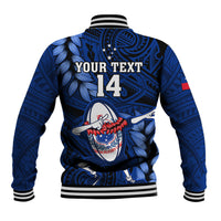 Custom Samoa Rugby Baseball Jacket Manu Samoa Ula Fala Dabbing Ball Polynesian Blue Version LT14 - Polynesian Pride