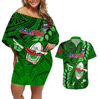 Samoa Rugby Couples Matching Off Shoulder Short Dress and Hawaiian Shirt Manu Samoa Ula Fala Dabbing Ball Polynesian Green Version LT14 Green - Polynesian Pride