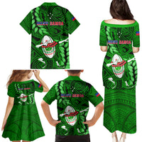 Samoa Rugby Family Matching Puletasi Dress and Hawaiian Shirt Manu Samoa Ula Fala Dabbing Ball Polynesian Green Version LT14 - Polynesian Pride