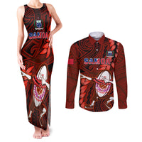 Samoa Rugby Couples Matching Tank Maxi Dress and Long Sleeve Button Shirts Manu Samoa Ula Fala Dabbing Ball Polynesian Red Version LT14 Red - Polynesian Pride