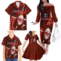 Samoa Rugby Family Matching Off Shoulder Long Sleeve Dress and Hawaiian Shirt Manu Samoa Ula Fala Dabbing Ball Polynesian Red Version LT14 Red - Polynesian Pride