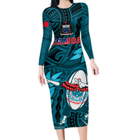 Samoa Rugby Family Matching Long Sleeve Bodycon Dress and Hawaiian Shirt Manu Samoa Ula Fala Dabbing Ball Polynesian Turquoise Version LT14 - Polynesian Pride