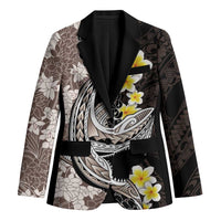 Brown and Black Hawaii Shark Tattoo Blazer Puakenikeni Lei Plumeria Polynesian Pattern - Polynesian Pride