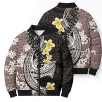 Brown and Black Hawaii Shark Tattoo Bomber Puffer Jacket Puakenikeni Lei Plumeria Polynesian Pattern - Polynesian Pride