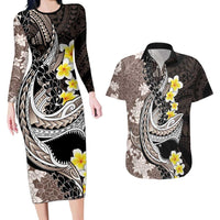 Brown and Black Hawaii Shark Tattoo Couples Matching Long Sleeve Bodycon Dress and Hawaiian Shirt Puakenikeni Lei Plumeria Polynesian Pattern - Polynesian Pride