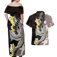Brown and Black Hawaii Shark Tattoo Couples Matching Off Shoulder Maxi Dress and Hawaiian Shirt Puakenikeni Lei Plumeria Polynesian Pattern - Polynesian Pride