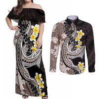 Brown and Black Hawaii Shark Tattoo Couples Matching Off Shoulder Maxi Dress and Long Sleeve Button Shirt Puakenikeni Lei Plumeria Polynesian Pattern - Polynesian Pride