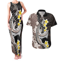 Brown and Black Hawaii Shark Tattoo Couples Matching Tank Maxi Dress and Hawaiian Shirt Puakenikeni Lei Plumeria Polynesian Pattern - Polynesian Pride