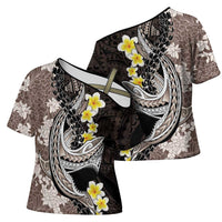 Brown and Black Hawaii Shark Tattoo Cross Shoulder Shirt Puakenikeni Lei Plumeria Polynesian Pattern - Polynesian Pride