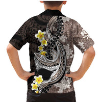 Brown and Black Hawaii Shark Tattoo Family Matching Mermaid Dress and Hawaiian Shirt Puakenikeni Lei Plumeria Polynesian Pattern - Polynesian Pride