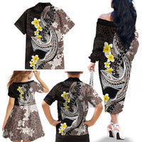 Brown and Black Hawaii Shark Tattoo Family Matching Off The Shoulder Long Sleeve Dress and Hawaiian Shirt Puakenikeni Lei Plumeria Polynesian Pattern - Polynesian Pride