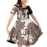 Brown and Black Hawaii Shark Tattoo Family Matching Off Shoulder Short Dress and Hawaiian Shirt Puakenikeni Lei Plumeria Polynesian Pattern - Polynesian Pride
