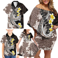 Brown and Black Hawaii Shark Tattoo Family Matching Off Shoulder Short Dress and Hawaiian Shirt Puakenikeni Lei Plumeria Polynesian Pattern - Polynesian Pride