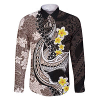 Brown and Black Hawaii Shark Tattoo Family Matching Short Sleeve Bodycon Dress and Hawaiian Shirt Puakenikeni Lei Plumeria Polynesian Pattern - Polynesian Pride