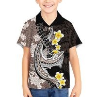 Brown and Black Hawaii Shark Tattoo Family Matching Short Sleeve Bodycon Dress and Hawaiian Shirt Puakenikeni Lei Plumeria Polynesian Pattern - Polynesian Pride
