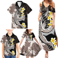 Brown and Black Hawaii Shark Tattoo Family Matching Summer Maxi Dress and Hawaiian Shirt Puakenikeni Lei Plumeria Polynesian Pattern - Polynesian Pride