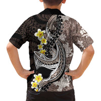 Brown and Black Hawaii Shark Tattoo Family Matching Tank Maxi Dress and Hawaiian Shirt Puakenikeni Lei Plumeria Polynesian Pattern - Polynesian Pride