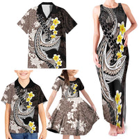 Brown and Black Hawaii Shark Tattoo Family Matching Tank Maxi Dress and Hawaiian Shirt Puakenikeni Lei Plumeria Polynesian Pattern - Polynesian Pride