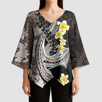 Brown and Black Hawaii Shark Tattoo Kimono Sleeve Blouse Puakenikeni Lei Plumeria Polynesian Pattern - Polynesian Pride