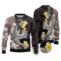 Brown and Black Hawaii Shark Tattoo Ugly Christmas Sweater Puakenikeni Lei Plumeria Polynesian Pattern - Polynesian Pride