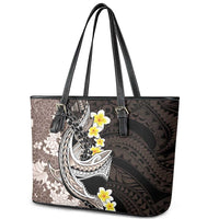 Brown and Black Hawaii Shark Tattoo Leather Tote Bag Puakenikeni Lei Plumeria Polynesian Pattern - Polynesian Pride