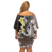 Brown and Black Hawaii Shark Tattoo Off Shoulder Short Dress Puakenikeni Lei Plumeria Polynesian Pattern - Polynesian Pride