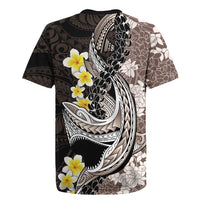Brown and Black Hawaii Shark Tattoo Rugby Jersey Puakenikeni Lei Plumeria Polynesian Pattern - Polynesian Pride