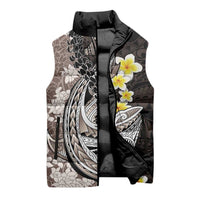 Brown and Black Hawaii Shark Tattoo Sleeveless Puffer Jacket Puakenikeni Lei Plumeria Polynesian Pattern - Polynesian Pride