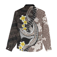 Brown and Black Hawaii Shark Tattoo Women Casual Shirt Puakenikeni Lei Plumeria Polynesian Pattern - Polynesian Pride