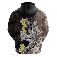 Brown and Black Hawaii Shark Tattoo Zip Hoodie Puakenikeni Lei Plumeria Polynesian Pattern - Polynesian Pride