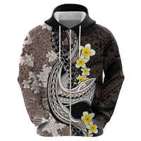 Brown and Black Hawaii Shark Tattoo Zip Hoodie Puakenikeni Lei Plumeria Polynesian Pattern - Polynesian Pride