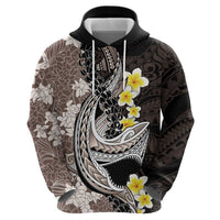 Brown and Black Hawaii Shark Tattoo Zip Hoodie Puakenikeni Lei Plumeria Polynesian Pattern - Polynesian Pride