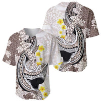 Brown and White Hawaii Shark Tattoo Baseball Jersey Puakenikeni Lei Plumeria Polynesian Pattern LT14 - Polynesian Pride