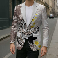 Brown and White Hawaii Shark Tattoo Blazer Puakenikeni Lei Plumeria Polynesian Pattern - Polynesian Pride