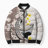 Brown and White Hawaii Shark Tattoo Bomber Puffer Jacket Puakenikeni Lei Plumeria Polynesian Pattern - Polynesian Pride