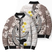 Brown and White Hawaii Shark Tattoo Bomber Puffer Jacket Puakenikeni Lei Plumeria Polynesian Pattern - Polynesian Pride
