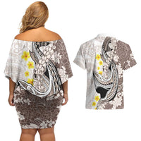 Brown and White Hawaii Shark Tattoo Couples Matching Off Shoulder Short Dress and Hawaiian Shirt Puakenikeni Lei Plumeria Polynesian Pattern - Polynesian Pride
