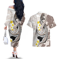 Brown and White Hawaii Shark Tattoo Couples Matching Off The Shoulder Long Sleeve Dress and Hawaiian Shirt Puakenikeni Lei Plumeria Polynesian Pattern - Polynesian Pride