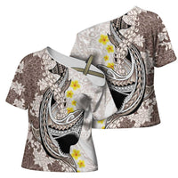 Brown and White Hawaii Shark Tattoo Cross Shoulder Shirt Puakenikeni Lei Plumeria Polynesian Pattern - Polynesian Pride