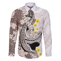 Brown and White Hawaii Shark Tattoo Family Matching Off The Shoulder Long Sleeve Dress and Hawaiian Shirt Puakenikeni Lei Plumeria Polynesian Pattern - Polynesian Pride